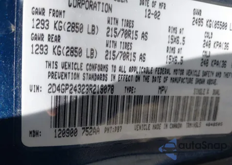 2003 Dodge Grand Caravan Se z USA, uszkodzony, nr VIN 2D4GP24323R219078